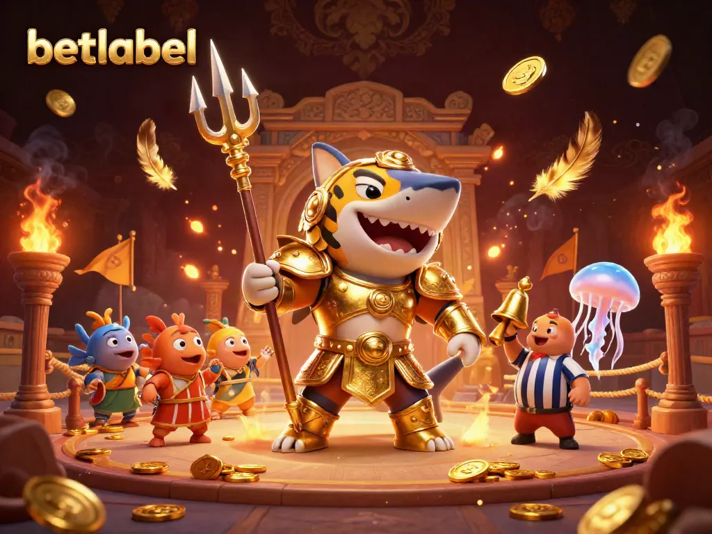 Witness the thrilling action at Betlabel Casino with a gladiator shark amidst underwater gameplay.