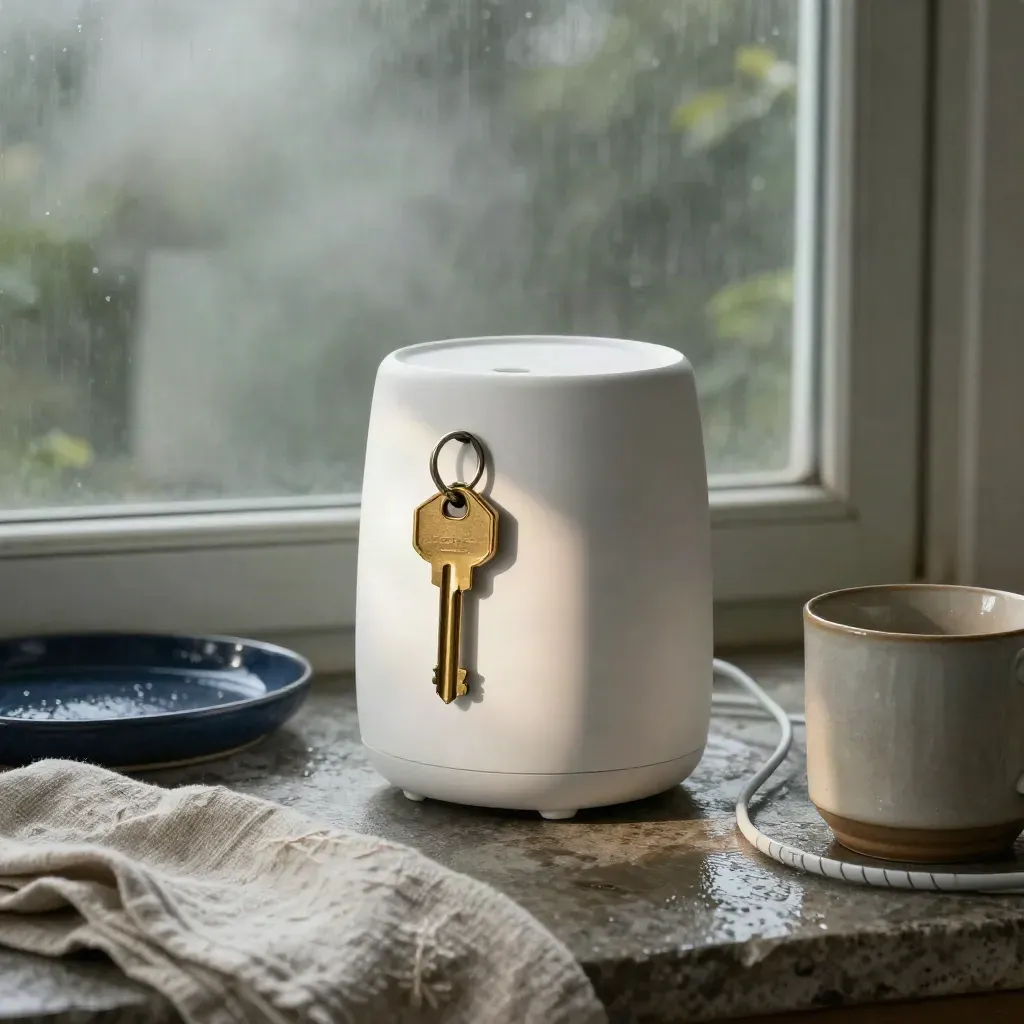 Hub energético blanco con llave de latón, lino, taza y cable, sobre piedra tras una tormenta.