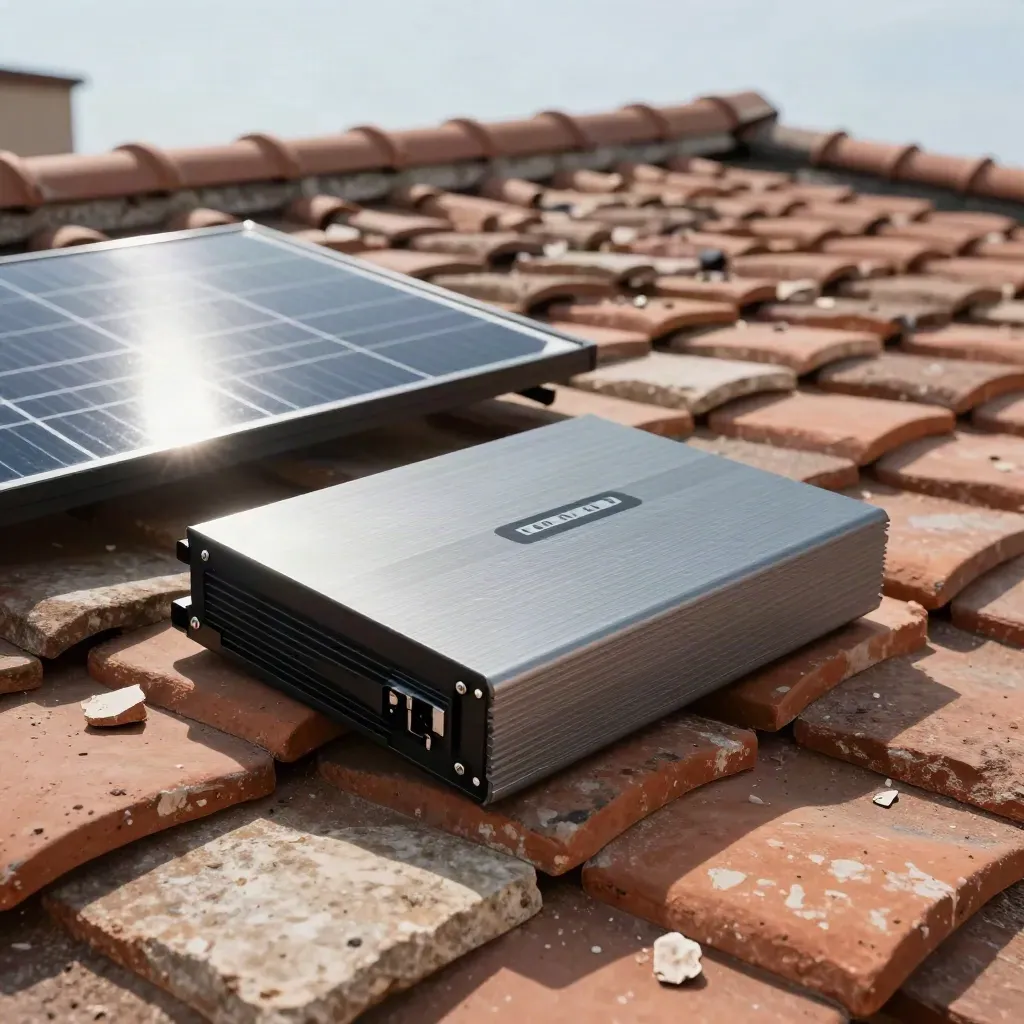 Kit solar sobre tejado inclinado con panel, inversor y fragmentos de teja bajo luz solar.