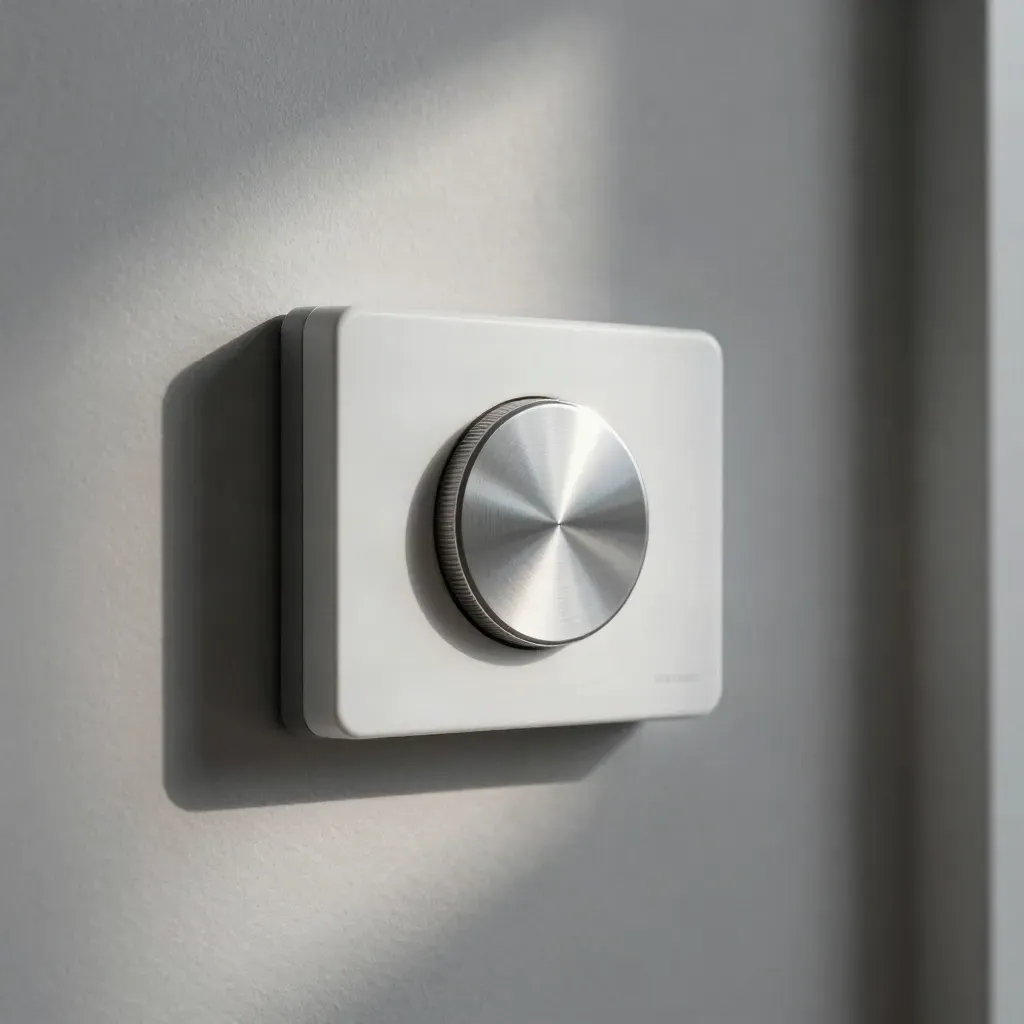 Bloque de energía doméstica blanco con termostato y dial metálico sobre fondo gris.