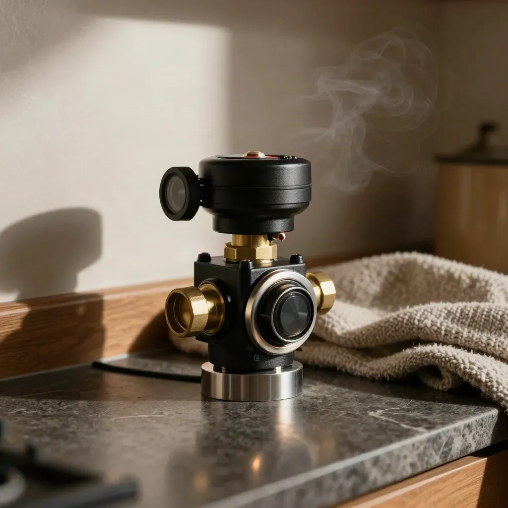 Módulo de gas con válvula de latón en una cocina cálida, estilo publicitario dramático.