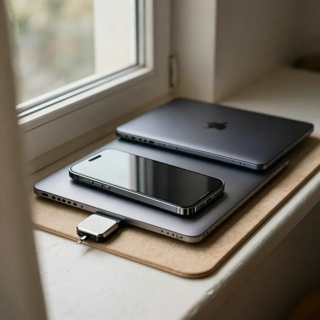 Apilado de móvil, tablet y portátil sobre piedra clara, con luz suave de ventana.