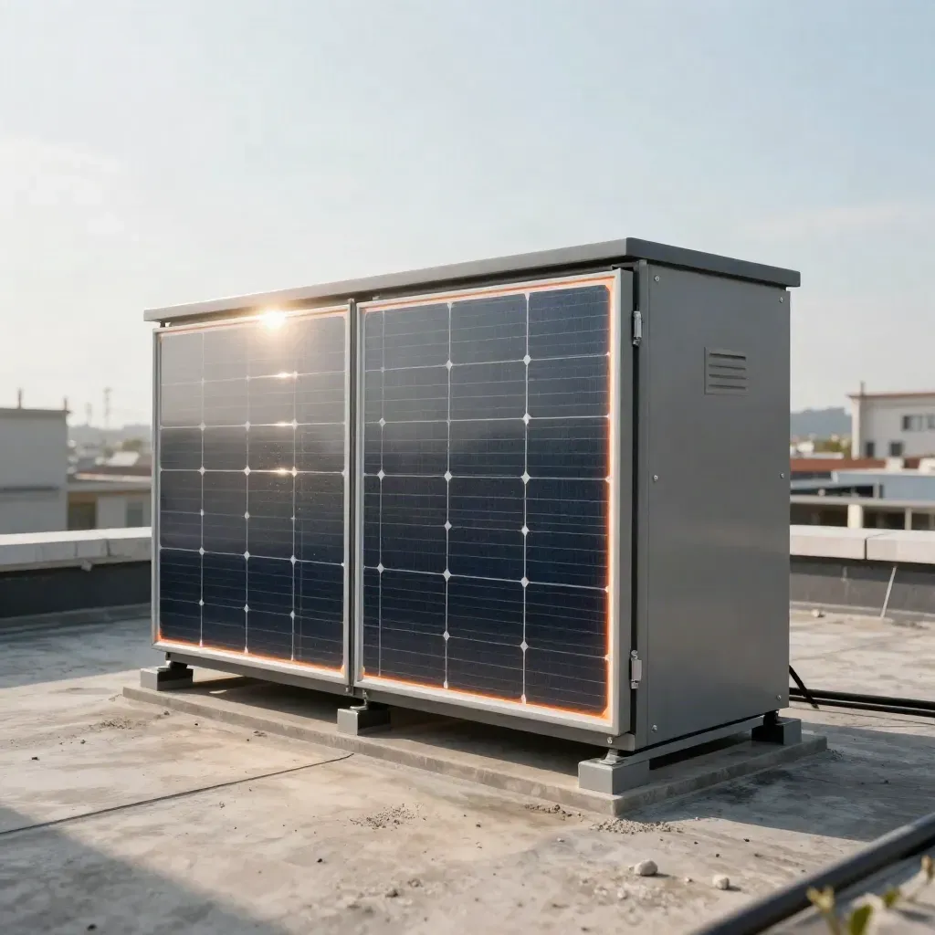 Batería solar en azotea con paneles y reflejo del cielo, luz de mediodía.