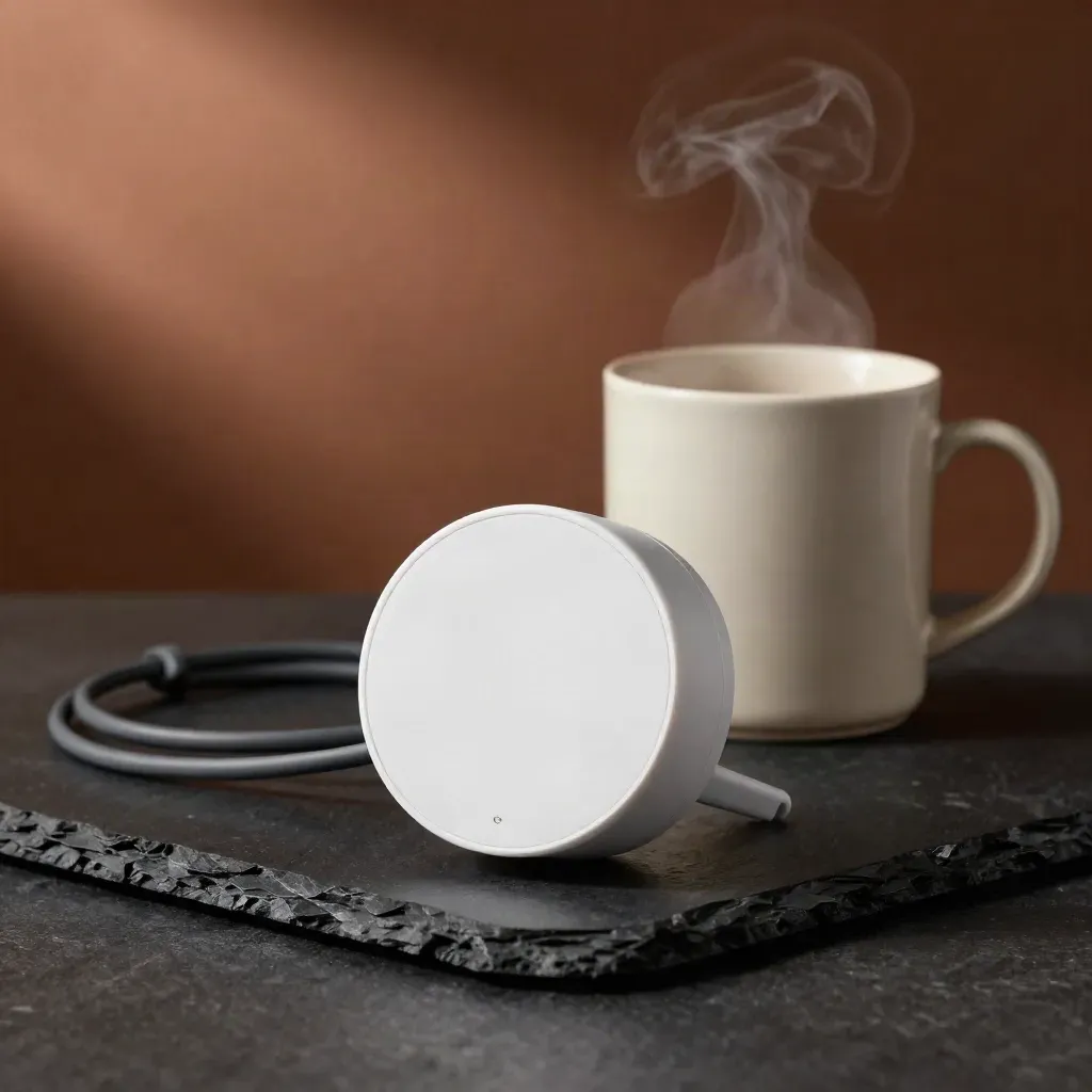 Temporizador blanco, taza humeante y cable doméstico sobre piedra oscura en estudio.