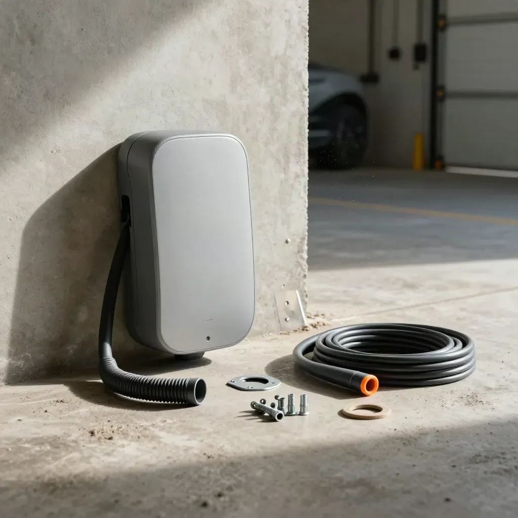 Kit de instalación para cargador eléctrico sobre hormigón, con polvo y luz de taller.