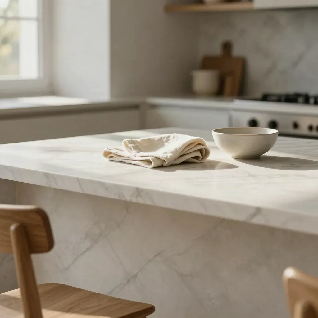 Encimera de mármol iluminada por el sol con lino crema, cuenco cerámico y silla de roble.