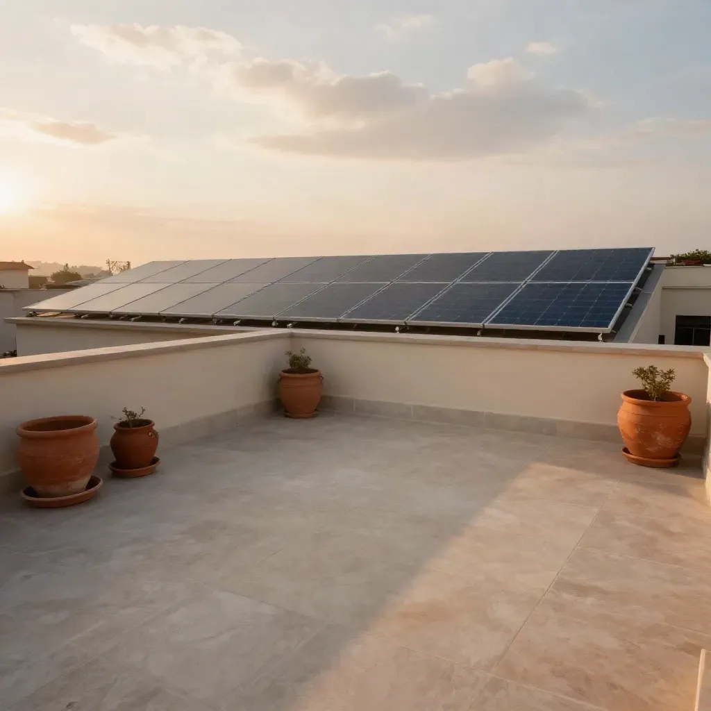 Terraza en azotea con paneles solares al amanecer y macetas de terracota bajo cielo brumoso.