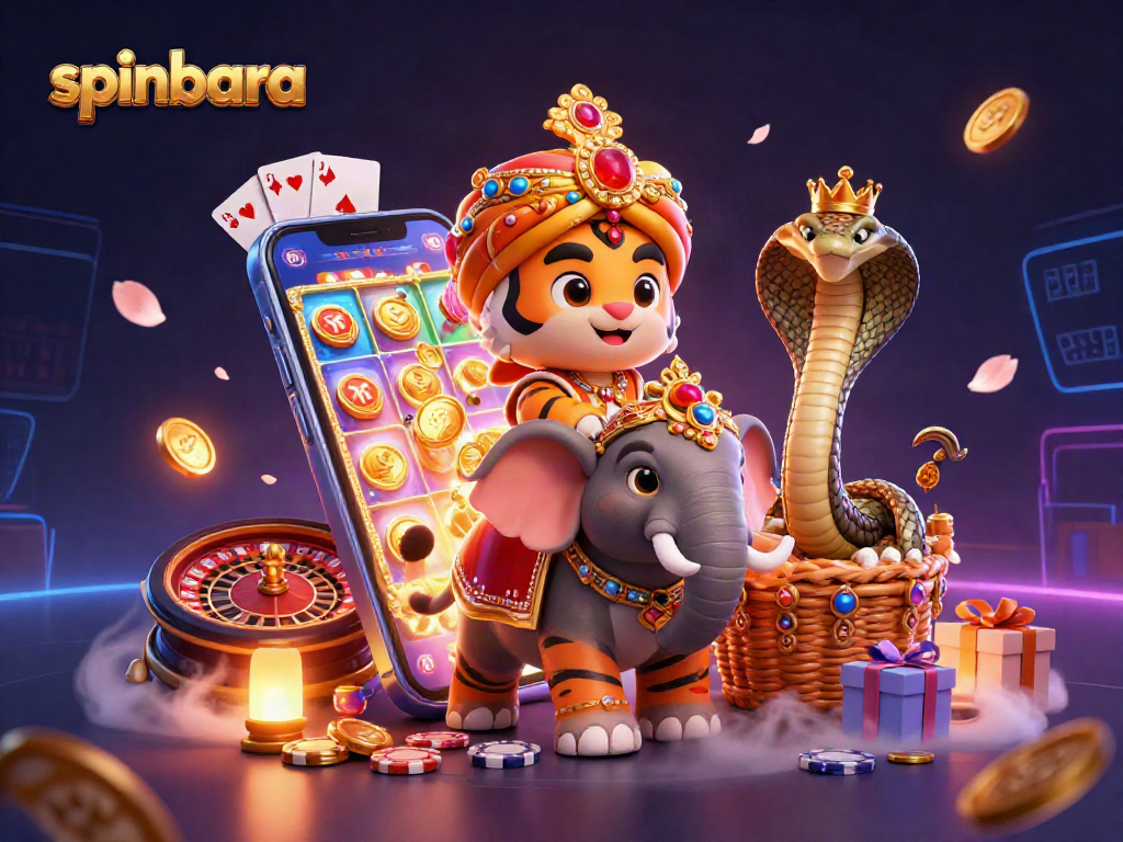 Spinbara casino features an Indian maharaja tiger, an elephant, and gambling elements to showcase gaming excitement.