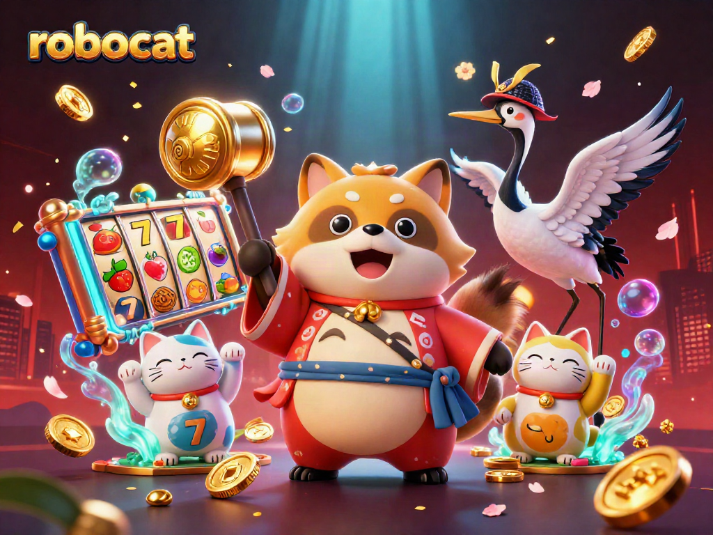 robocat slots vibrantly showcase cheerful characters and dynamic casino action in a festive setting