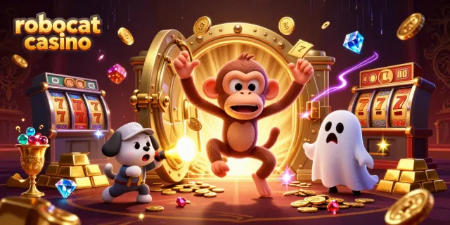 Explore the vibrant scene of Robocat Casino with a poltergeist monkey and ghost-hunter puppy engaged in a thrilling game.