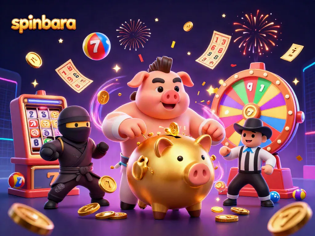 Experience spinbara gaming action with a vibrant 3D illustration of casino elements and characters.